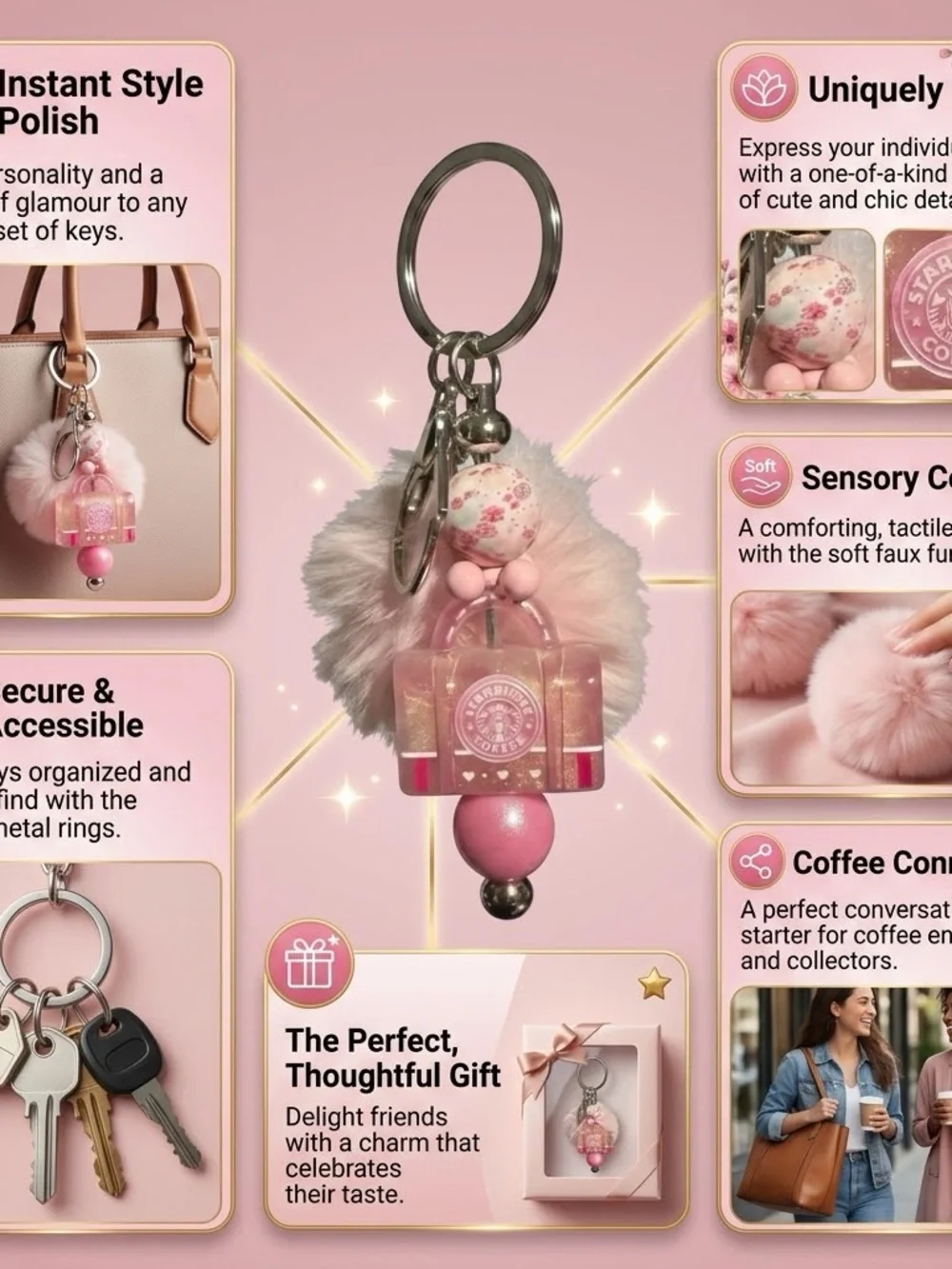 Pink Drink Sparkle Beaded Keychain & Bag Charm | Cute Coffee Lover Gift